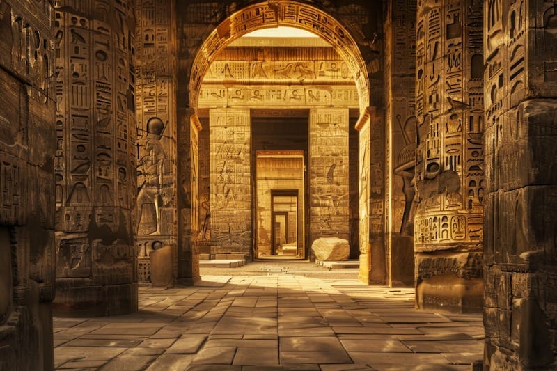 , A realistic photo of an ancient Egyptian temple with hieroglyphs carved on the walls, highly detailed, hyper realistic photography in the style of an ancient Egyptian scene. --chaos 30 --ar 3:2 --style raw Job ID: 87b0c4ea-fe35-4641-a343-072ebe4ab02b